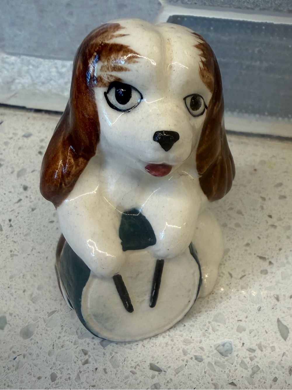 VTG  White Porcelain Dog Playing Drum. Stamped Japan. Kitschy.